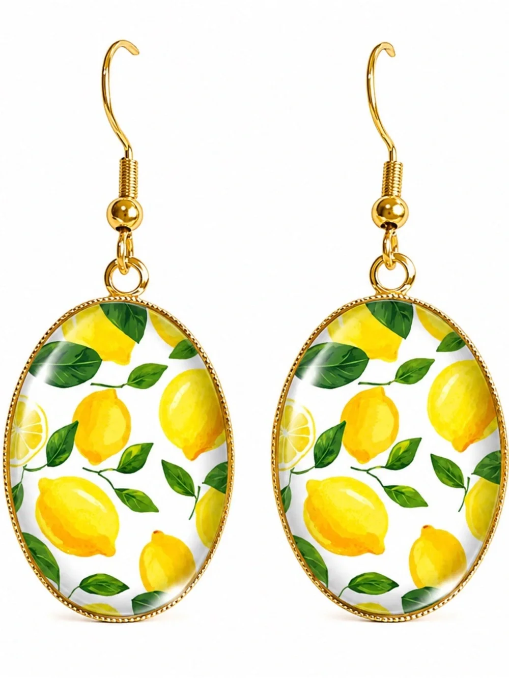 Gold Lemon Print Oval Drop Earrings - Women Jewelry - Italian Amalfi Style